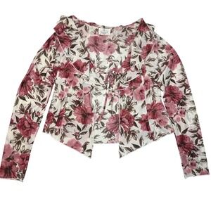 Pink Floral Mesh Kimono Fairy Tie Top Babydoll Whimsigoth Womens Sz M Grunge Y2K